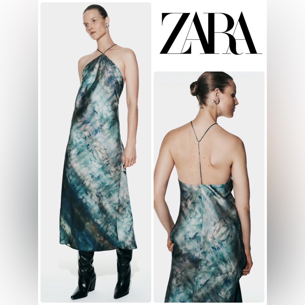 Zara TIE-DYE PRINT HALTER SLIP DRESS